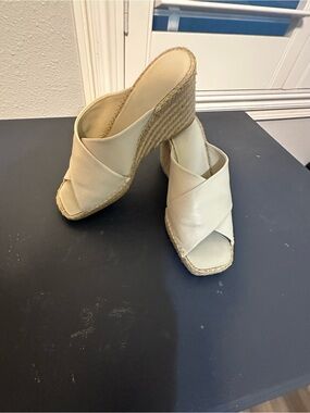 Vince Cream Leather Crossband Espadrille Wedge Slides